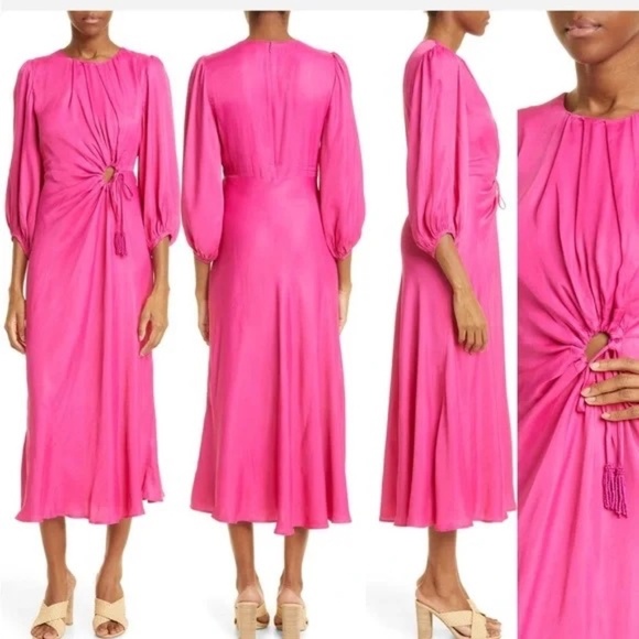 FARM Rio Solid Blouson Sleeve Cutout Midi Dress XS - Picture 1 of 8